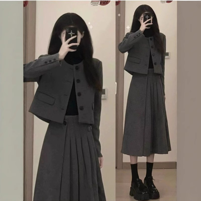 American Style Retro Grey Academy Style Woolen Suit Pleated Skirt suit Women's Autumn and Winter Cotton Chanel Style Two-piece Set American Style Retro Grey Academy Style Woolen Suit Pleated Skirt suit Women's Autumn and Winter Cotton Chanel Style Two-piece Set