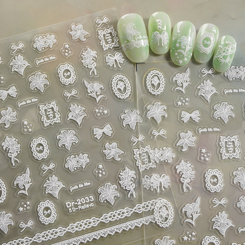 Redanco5D embossed nail art stickers, a popular Instagram trend, featuring lace patterns and lily flowers, suitable for phone cases and nails, Dr2033