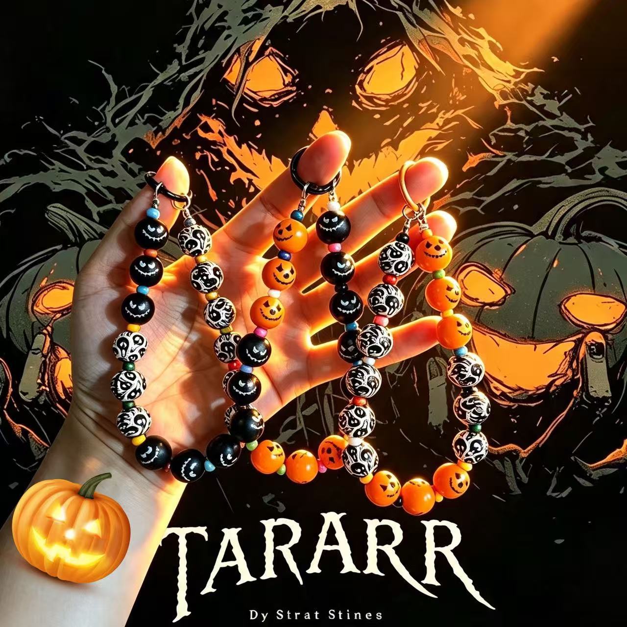 New European and American cross-border Halloween wooden bead phone chain pendant with ghost, pumpkin, and vampire designs