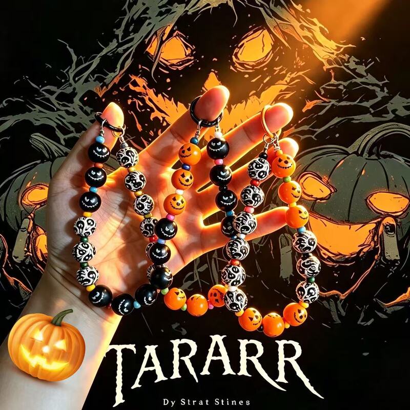 New European and American cross-border Halloween wooden bead phone chain pendant with ghost, pumpkin, and vampire designs
