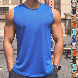 Summer New Trendy Men's Pullover Round Neck Mesh Bottoming Shirt Sports Fitness Top Sleeveless Vest Quick-Drying