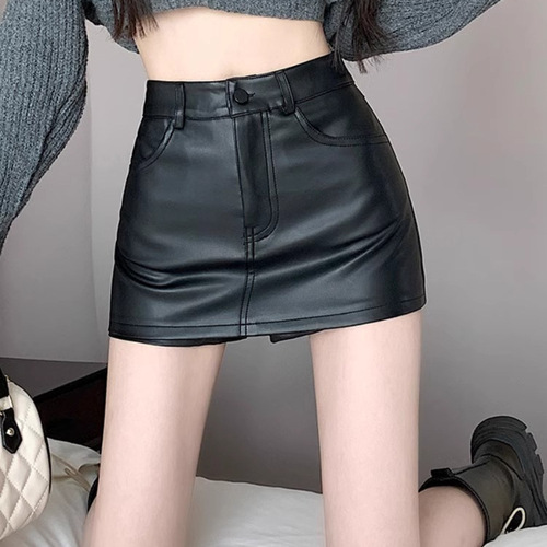 2025 Black PU Mini Skirt for Women, Spring and Autumn Season, High-Waisted, Slimming, Hot and Sexy, Bustier Short Skirt