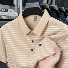 夏の新中年男性半袖ポロシャツファッションカジュアルストライプ薄い Tシャツトップリアルポケット紳士服