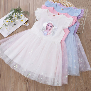2025 Summer Children's Clothing Girls New Dress Flying Sleeve Sequined Princess Dress Cartoon Mesh Skirt Foreign Trade Dropshipping