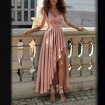 8202# 2022年欧美跨境新款纯色雪纺斜肩修身长款不规则下摆连衣裙