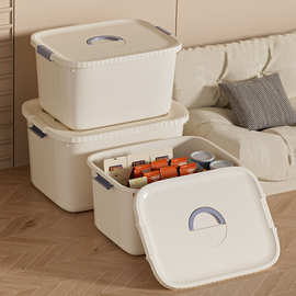 家用收纳箱奶油色储物盒多功能大容量零食衣服杂物塑料箱带盖