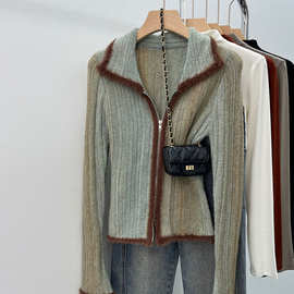 秋冬独特别致美式复古辣妹渐变色翻领上衣毛衣针织打底开衫女内搭