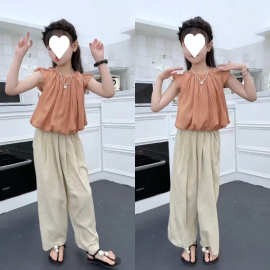 女童套装2025夏季飞飞袖冰丝上衣阔腿裤中大童宽松百搭潮款二件套