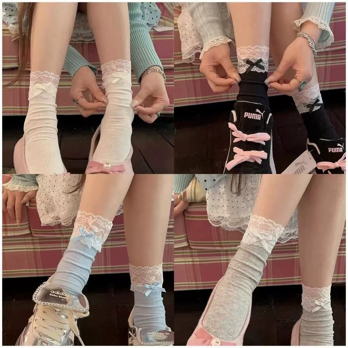 Ballet style Lolita socks lace sweet mid-tube women's socks versatile Miu bow cotton socks piled up socks