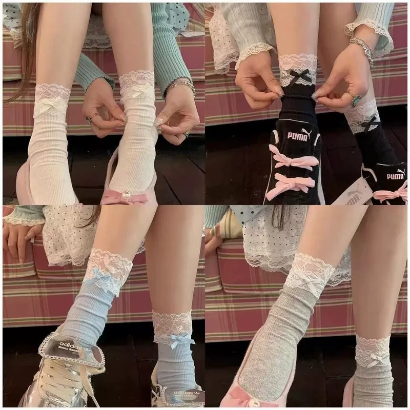 Ballet style Lolita socks lace sweet mid-tube women's socks versatile Miu bow cotton socks piled up socks