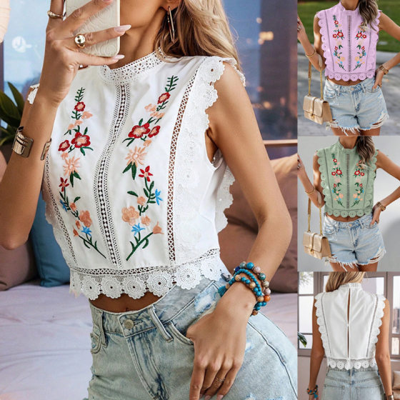2025 European and American Foreign Trade Cross-border Lace Embroidery Plant Round Neck Sleeveless Hollow T-Shirt Chiffon Shirt Women's Top