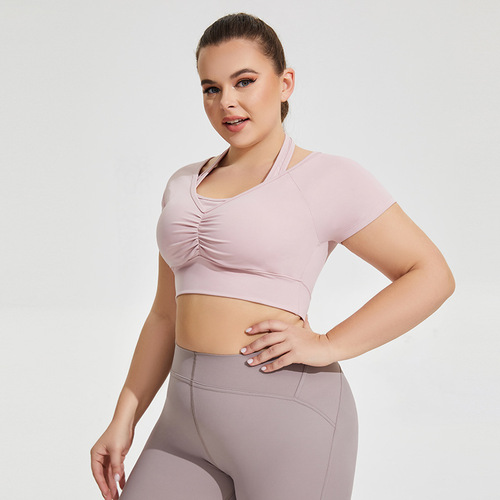 US size plus size padded crossbody yoga tops for women, running sports bras with short sleeves, fitness tops T-shirt