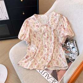 粉色郁金香碎花娃娃领短袖衬衫女夏法式甜美泡泡袖翻领娃娃衫上衣