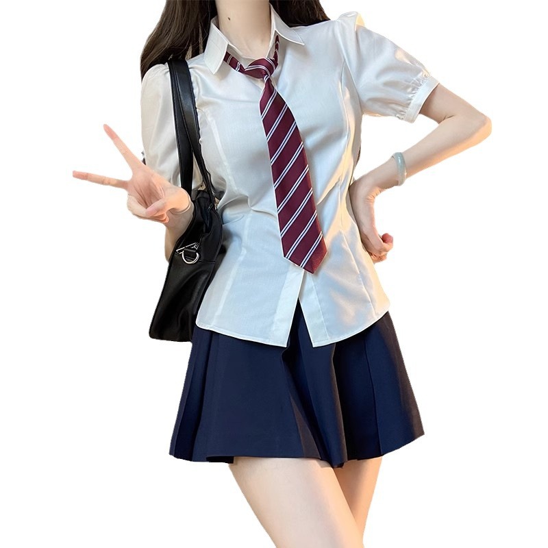 퍼프 슬리브 화이트 핫 소녀 허리 반팔 셔츠 여성용 일본 여름 새 스타일 셔츠 짧은 대학 스타일 유니폼