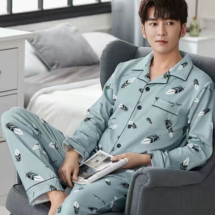 100% algodón pijamas de verano los hombres primavera y otoño manga larga floja delgada más el tamaño La juventud inicio desgaste cardigan traje