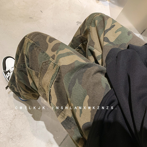 Vintage American Retro Camouflage Work Pants for Men Spring Autumn High Street Ins Trendy Brand Oversize Drawstring Pants