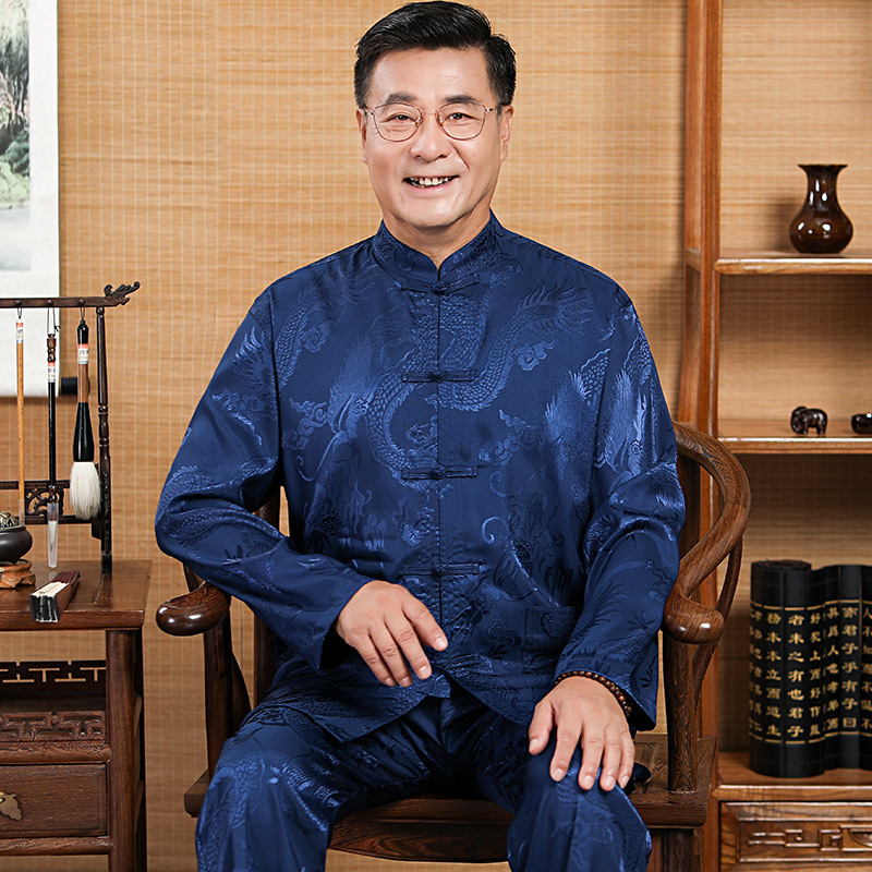 Middle-aged and elderly men's Tang suit set with stand-up collar, Chinese knot buttons, jacquard pattern, two-piece Chinese style, father's casual everyday Chinese style clothing