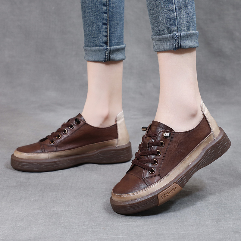 松紧带纯皮软底复古单鞋女春秋水洗皮牛皮平底女鞋舒适软底女鞋