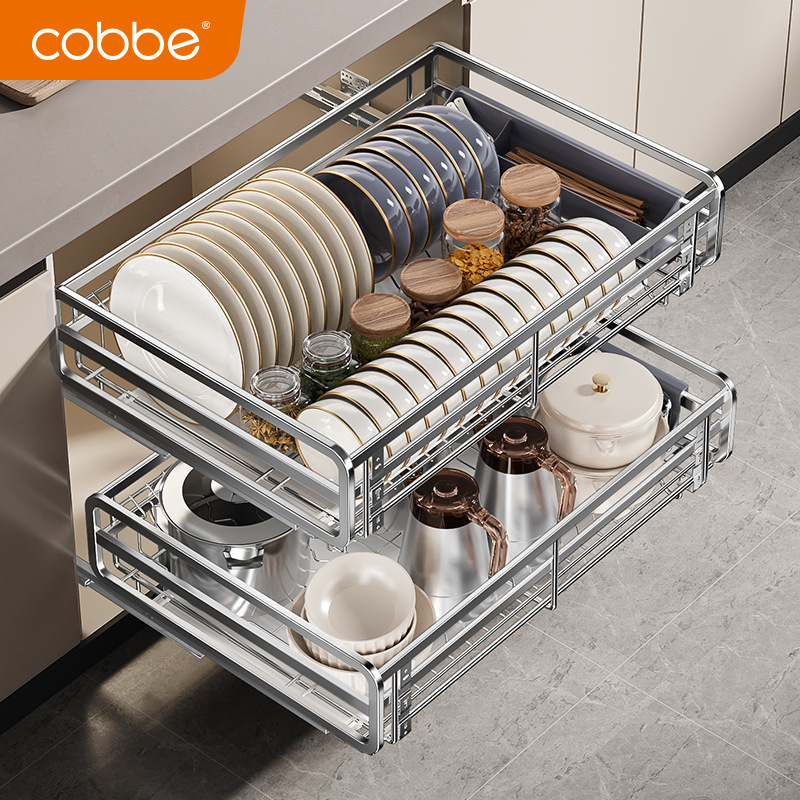Cabella Basket Dish Basket Kitchen Cabinet 304 Stainless Steel Double-Layer Drawer-Type Dish Rack Storage Storage Seasoning Basket