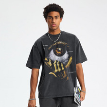 ר���羳����Men Streetwear Vintage Washed Black T-Shirt Anim