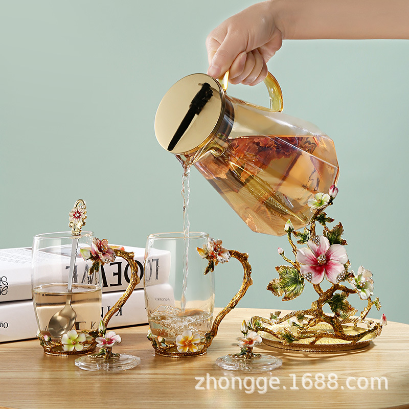 創意琺瑯彩水杯家用耐熱玻璃杯帶把蓋咖啡杯女士果汁杯泡花茶杯子