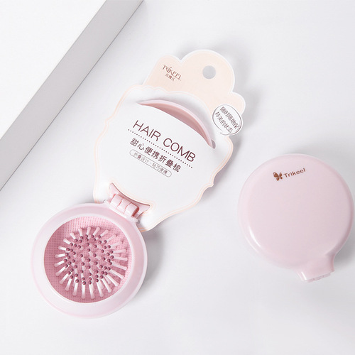 Chuanqi'er Mini Folding Air Bag Comb with Cosmetic Mirror Portable Cute Girly Heart Plastic Air Cushion Massage Comb