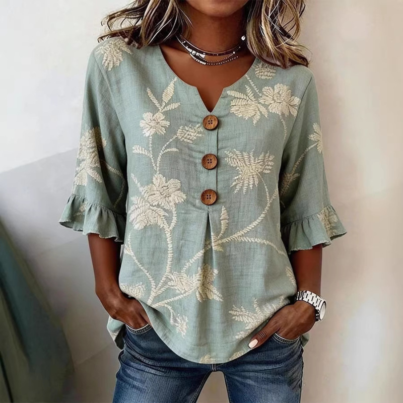 Cross-Border 2026 New European and American Women's Fashion Foreign Trade V-Neck Shirt with 3D Digital Print, Sweet and Cute Top with Lace Sleeves Cross-Border 2026 New European and American Women's Fashion Foreign Trade V-Neck Shirt with 3D Digital Print, Sweet and Cute Top with Lace Sleeves