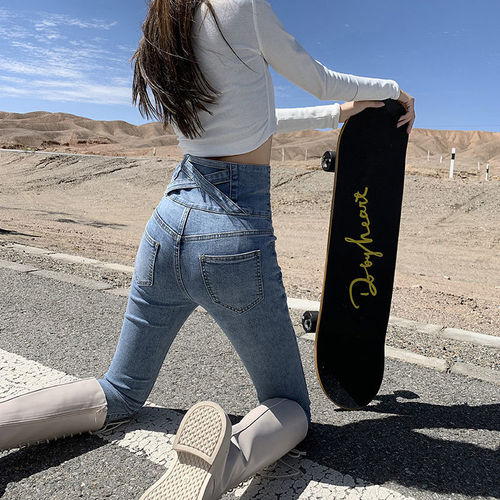 Women's Spring Tight-Fitting Ankle Skinny Jeans in Light Color with Elastic Waist