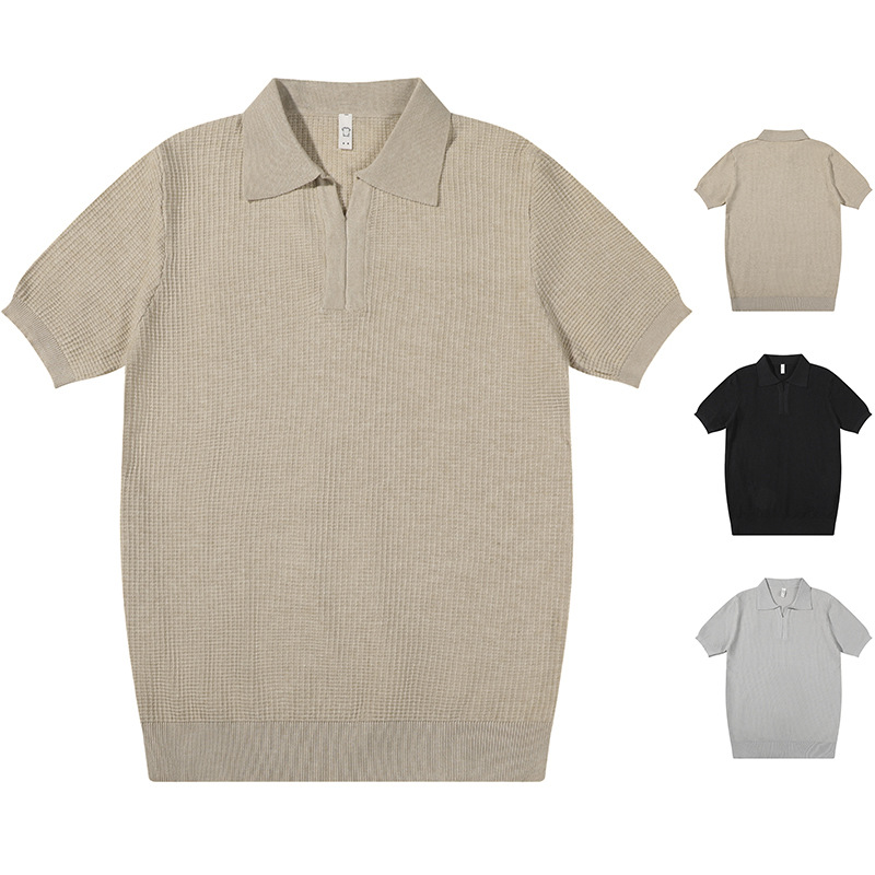 Polo camiseta de punto camiseta de manga corta camiseta hombre cuello en V cuello gaviota sensación de textura viejo dinero viento hielo seda fábrica transfronteriza al por mayor