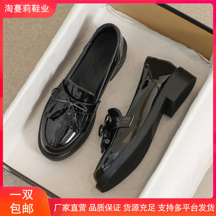 Genuine Leather Small Leather Shoes for Women 2025 Autum British Style Black Flats-Soled Beanie Thin Loafers Soft Leather Work Shoes