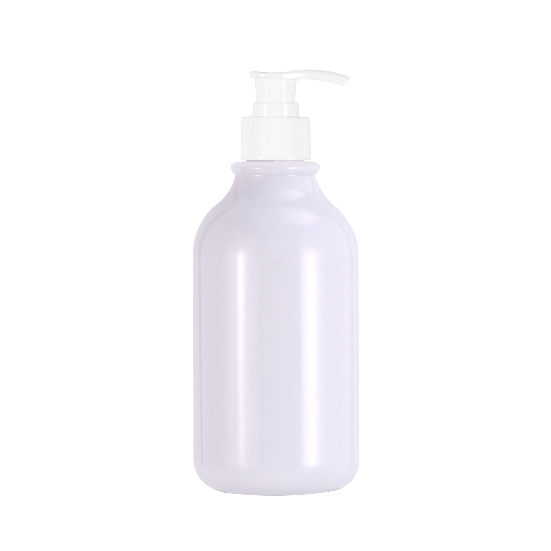 Botella de loción corporal de 300 ml en stock con hombros redondeados, botella dispensadora de plástico tipo pulsador para loción, botella de champú de PET de 500 ml.