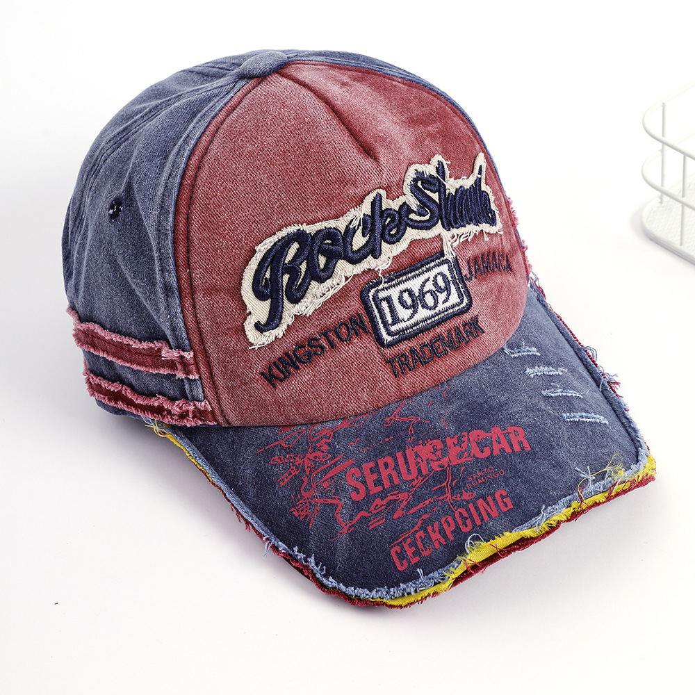 Denim lavado apenada gorra de béisbol letras primavera y otoño suave superior transpirable retro negro rasgado cepillado TAPA DE PICO para hombres y mujeres