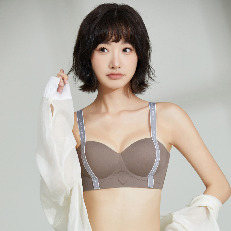 Nuevos productos sin anillo de acero belleza de espalda sin marca ropa interior letras cinturón de hombro pecho pequeño colapsado lateral sujetador de mujer transmisión en vivo