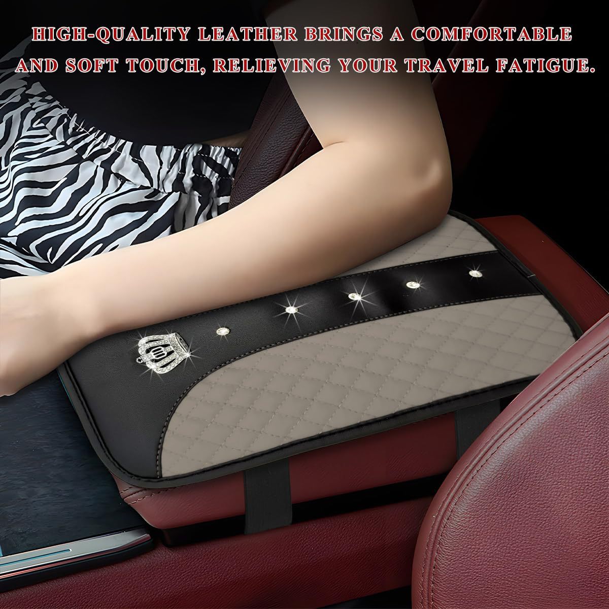 Car armrest box cushion, crown leather studded armrest box pad, armrest cover, three-dimensional quilted embroidery car interior accessory