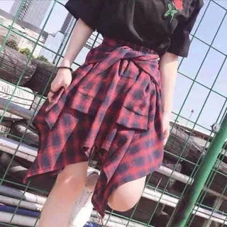 新款格子短裙韩版百搭春夏季不规则松紧腰高腰学生衬衫裙子女