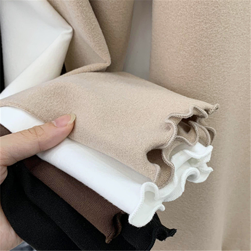 2024 가을과 겨울 새로운 양면 벨벳 나무 귀 긴 소매 바닥 여성 기모 따뜻한 세미 하이 칼라 탑 T