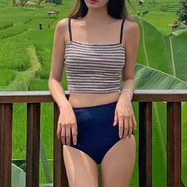 新款甜辣妹撞色条纹吊带抹胸背心复古韩国简约高腰分体度假bikini