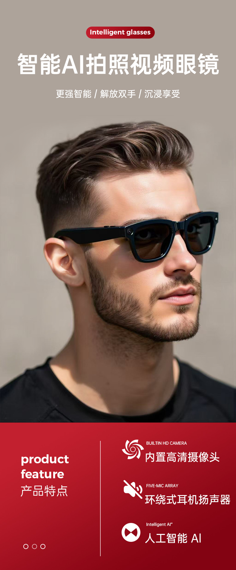 The new smart AI shooting glasses, polarizing filter, Bluetooth APP, music player, camera and video recording with 5 million pixels full figure
