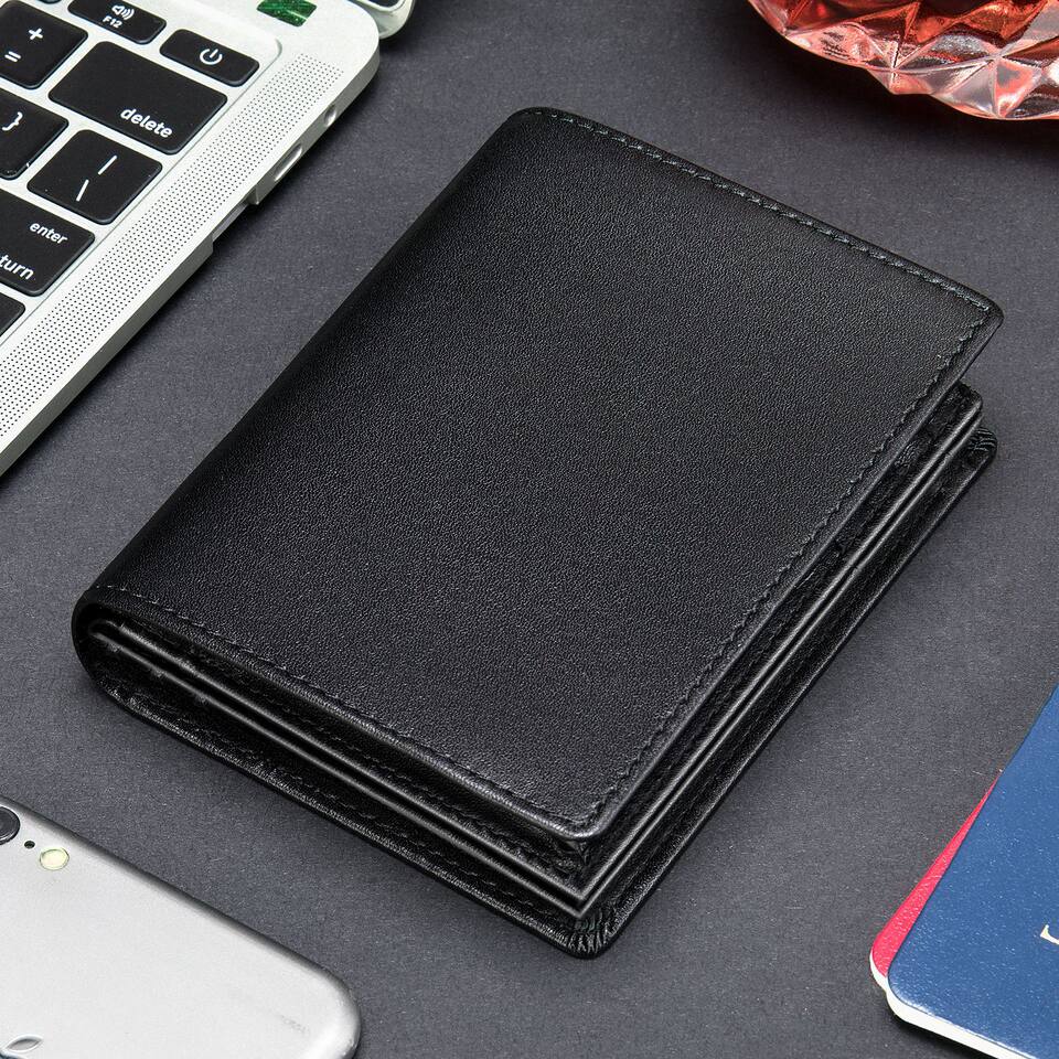 Ví nam da bò thật dạng ngắn kiểu ngang chống trộm RFID, nhiều ngăn đựng thẻ — Cà phê, Màu đen