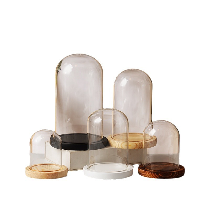 Cubierta cilíndrica de vidrio transparente sin lámpara de madera de estilo inmortal cubierta de polvo de flores hecha a mano decoración creativa de escritorio de bloques