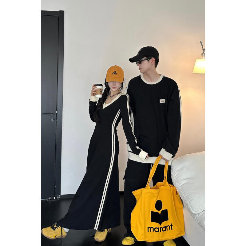 가을 2024 커플 원피스 봄과 가을 프랑스 간단한 긴 소매 원피스 허리 우아한 긴 원피스