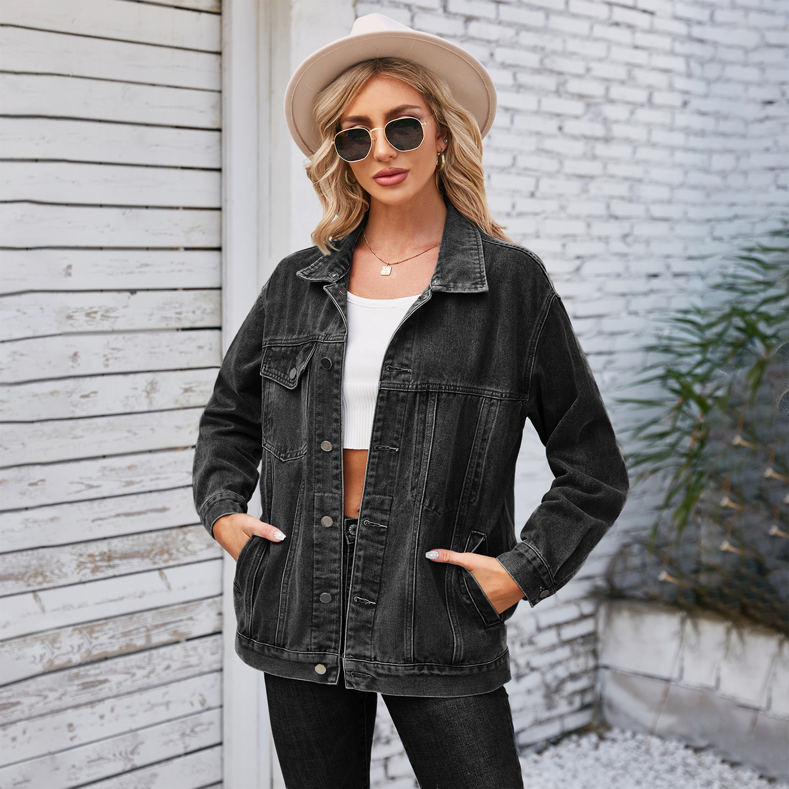 805g Weight Denim Jacket Outerwear Type Long Sleeve Sleeve Length Single Breasted Placket Type Denim Fabric Type Long Top Length Casual Occasion Turndown, Hooded Neckline Loose Fit Type Color Block Pattern Spring, Autumn Season Women's Gender Streetwear Style Women's Streetwear Color Block Single Breasted Denim Jacket 7