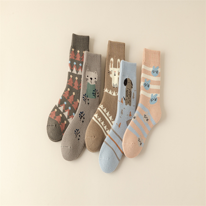 24 Winter New Style Socks Japanese Style Cartoon Thickened Brushed Loop Women's Mid-Size Socks Warm Fleece Snow Socks