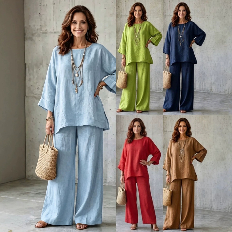 2026 European and American cross-border Amazon new women's simple loose cotton-linen blend round-neck shirt and wide-leg pants set 2026 European and American cross-border Amazon new women's simple loose cotton-linen blend round-neck shirt and wide-leg pants set