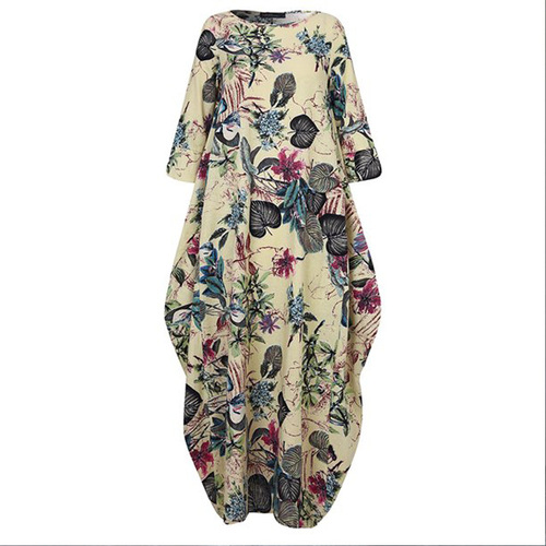 2025 New Cross-border Plus Size Cotton-Linen Printed Chinese Style Retro Hooded Loose Round Neck Korean Style Dress