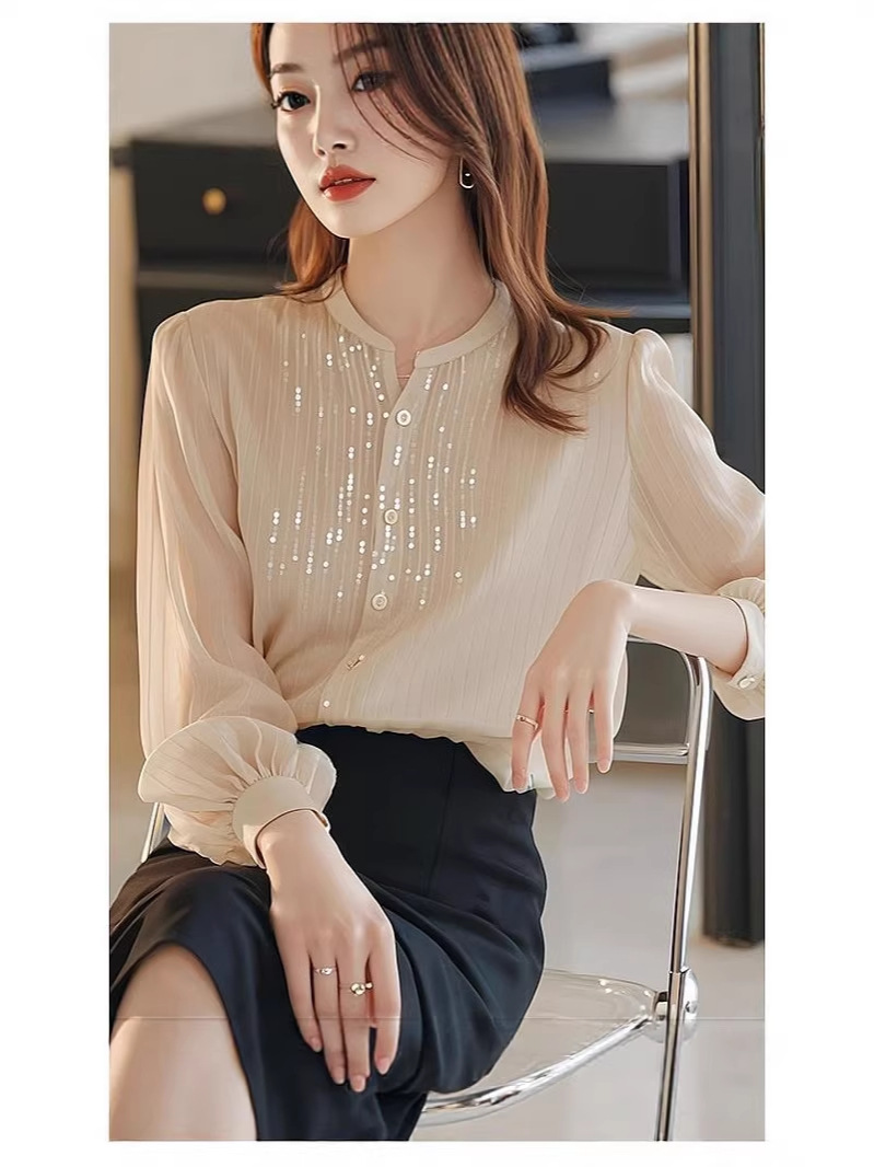 Áo sơ mi nữ dài tay chất liệu lụa trắng phối sequin kiểu Pháp — màu mơ
