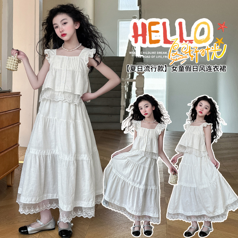 Girl's Summer Lace Dress 2025 New Korean Style Fashionable Girl's Doll Shirt Sweet Skirt Two-piece Set