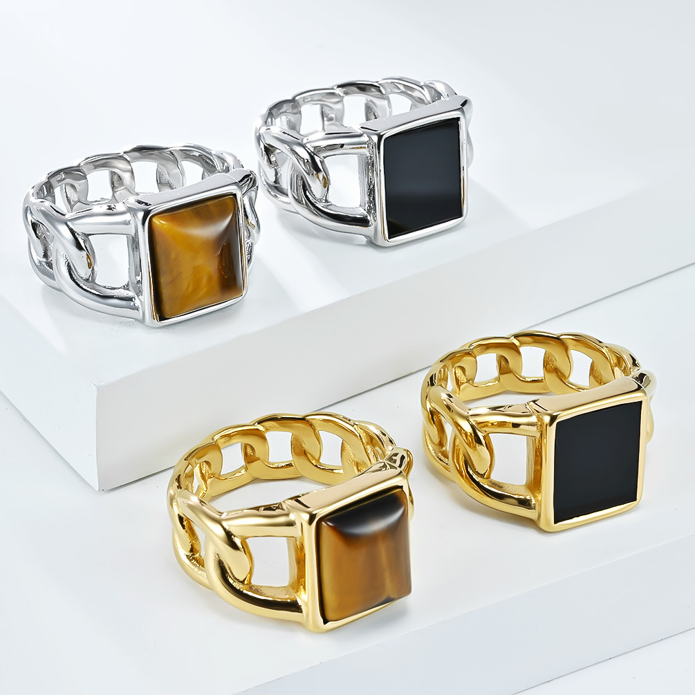 Herren Tigerauge Edelstein Ring Im Cuban Chain Design Edelstahl_voghion.com