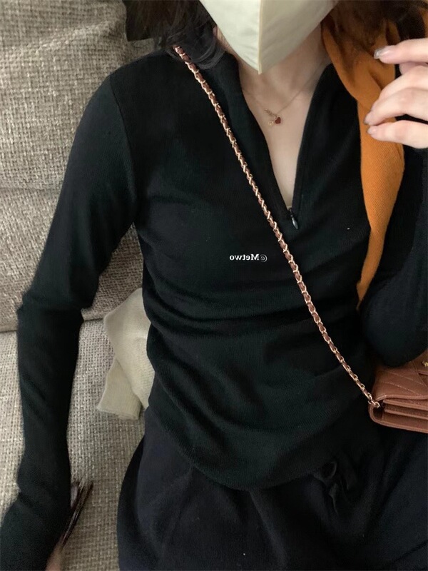 韩系温柔半拉链连帽针织衫女秋冬内搭慵懒修身打底毛衣设计感上衣|undefined