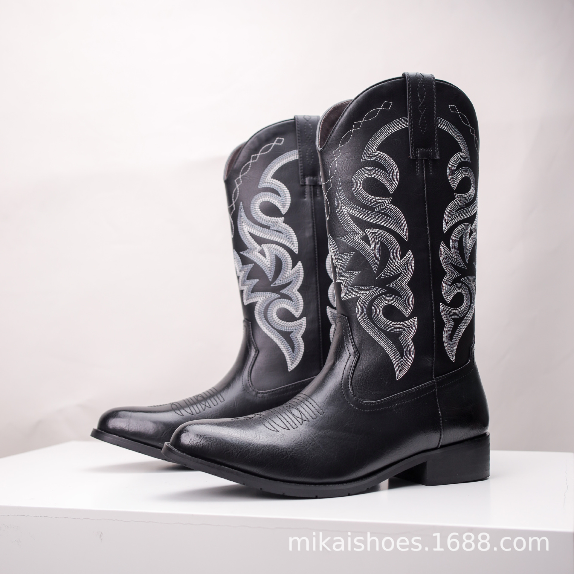 New Cross-Border Large Size Amazon Square Toe Thick Heel Chelsea Boots Versatile Knight Boots Retro Embroidered Western Cowboy